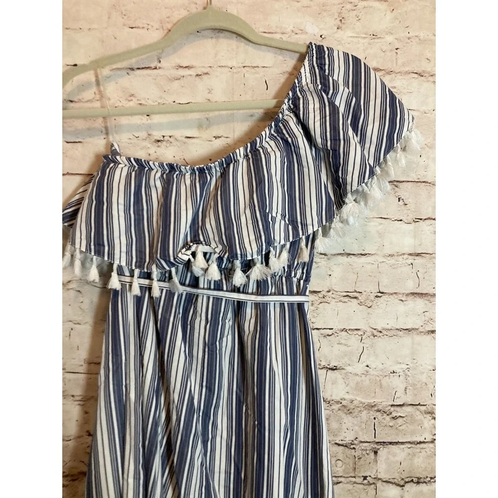 Isabel Maternity Dress Womens Medium Blue Vertical Striped Tasseled One Shoulder - Picture 15 of 16